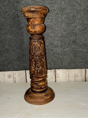 Source Unknown Hand-Carved Wooden Candlestick Holder in Brown and Dark Brown